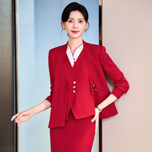 酒店前台餐厅服务员珠宝店职业女装红色西服马甲主持人工作服套装