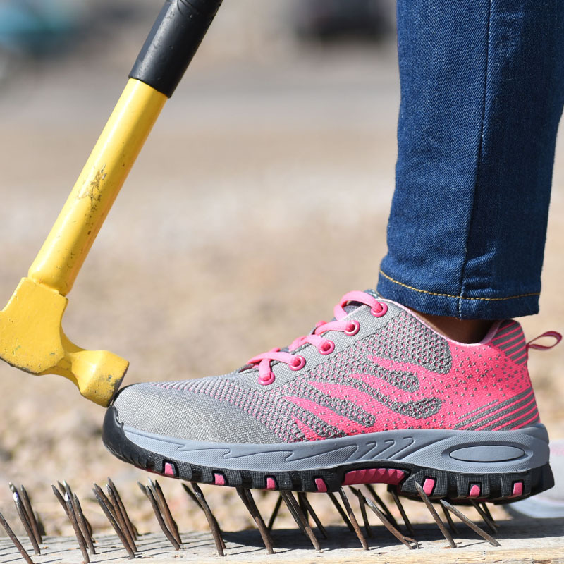 劳保鞋夏女飞织粉色鞋面橡胶底休闲透气运动休闲防砸防刺穿防护鞋
