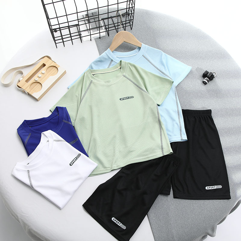 Boys' Quick-drying Short-sleeved Shorts suit Summer 2025 New Mesh Children's Sports Two-piece Set Large Children's Ice Silk