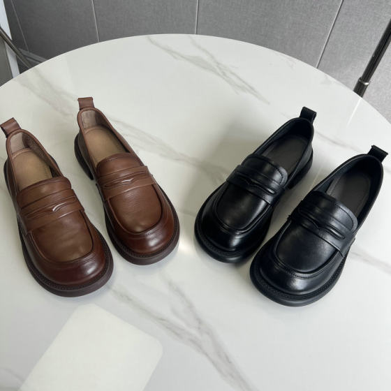 Good to wear! Soft Sole ~ Napa Cowhide Leather Retro Loafers Women's British Style Thick Sole Shoes Spring and Autumn G022415