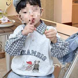 韩系儿童春夏格子拼接翻领假两件卫衣男童polo衫春夏上衣0210A036