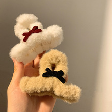 酒红色丝绒蝴蝶结毛绒抓夹女后脑勺甜美发夹半扎发夹子秋冬发饰