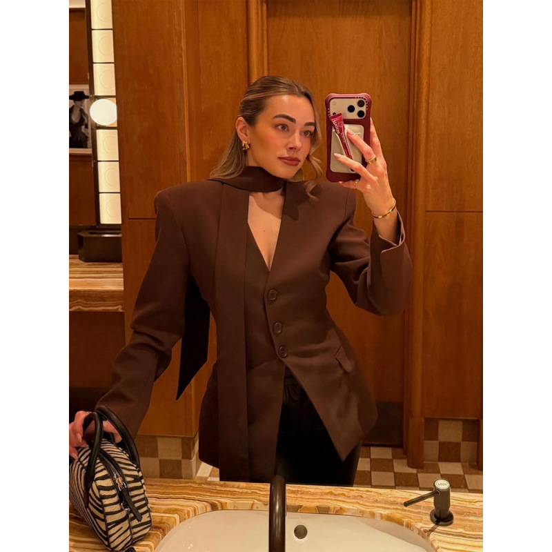 Chaqueta de Traje con Cuello en V de Poliéster Ajustado para Oficina