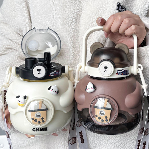Water cup for girls, good-looking plastic belly cup with double drinking mouth, cute internet celebrity cup with straw, student portable kettle