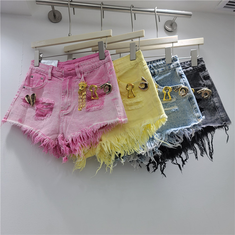 Pantalones Cortos Jeans para Mujer de Mezclilla Pierna Ancha con Borde Deshilachado y Metal image 1