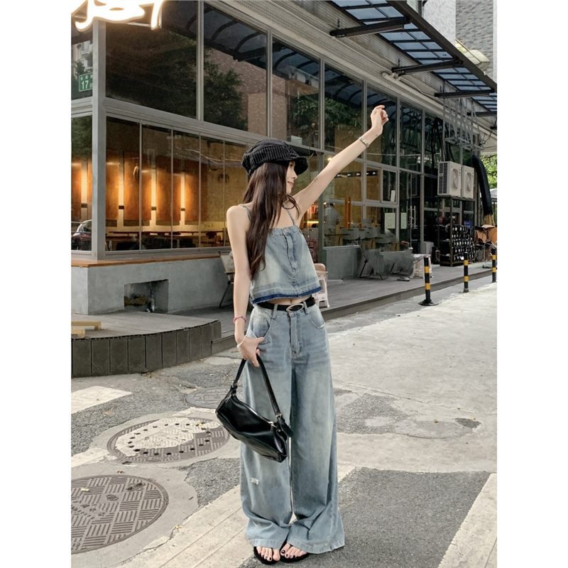 时尚气质减龄套装女夏季2025新款吊带背心高腰破洞牛仔长裤两件套|undefined