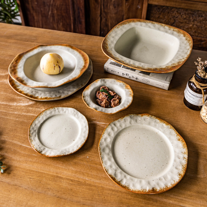 Yao Shang Qiuheng Series Coarse Pottery Rice Bowl, Dessert Plate, Vegetable Plate, Pasta Plate, Soup Bowl, Cooking Bowl, Noodle Bowl, Handmade Tableware