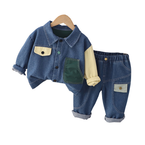Men's Fall Trend Korean Style Medium Child Baby Kids Long Sleeve Set Denim Collar Two-Piece Set New Wholesale
