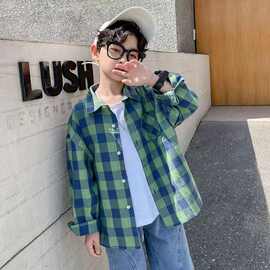 儿童秋装男童格子衬衣洋气2025韩版新款中大童薄开衫男孩长袖衬衫