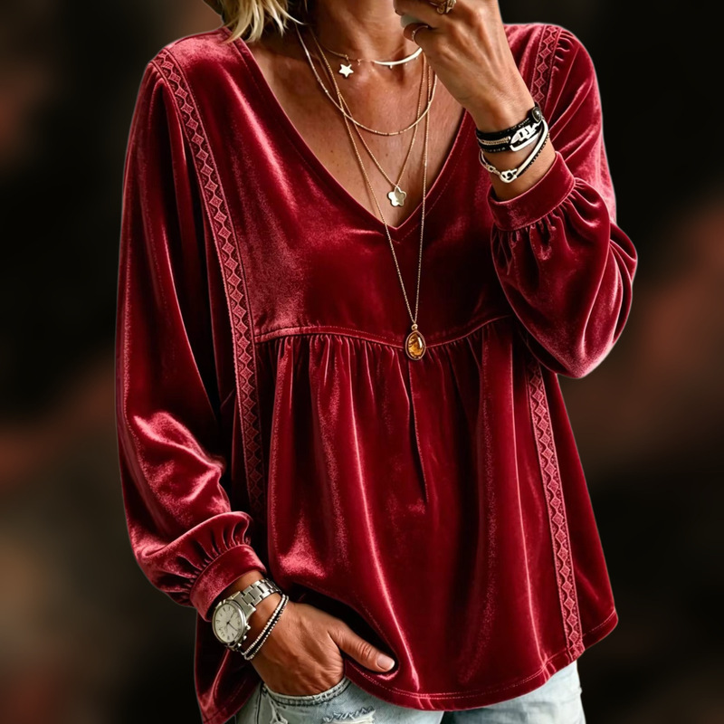 2026 Autumn New Foreign Trade European and American Cross-Border Women's Clothing V-Neck Lace Velvet Casual Loose Long-Sleeve Blouse Shirt