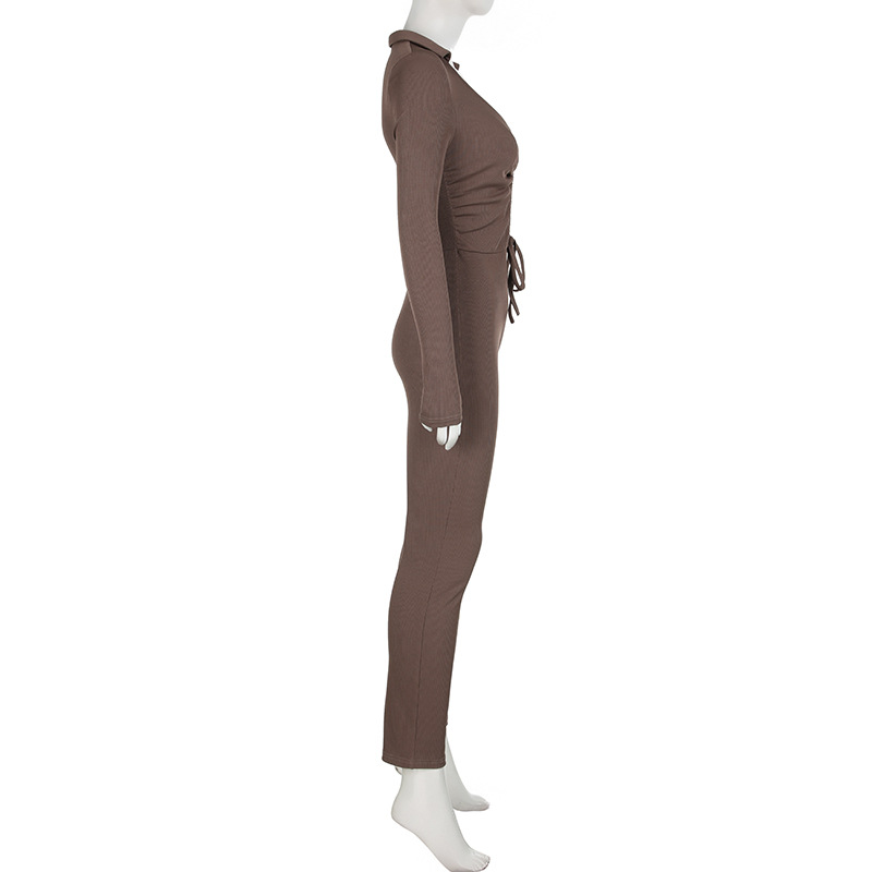 Sports Street Women Clothing Solid Color Polo Collar Pleated Drawstring Lace up Tight Long Sleeve Jumpsuit Skinny Pants