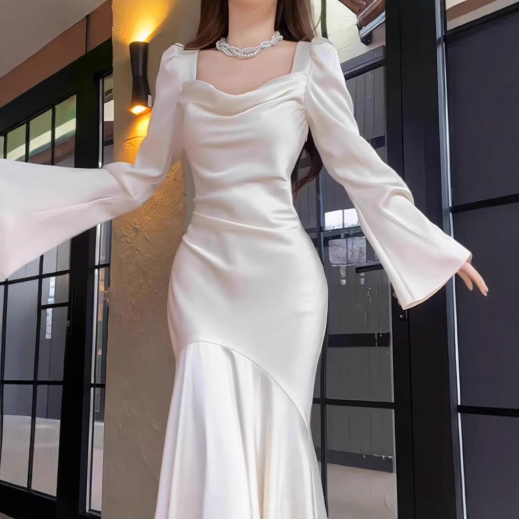 French Long-sleeved Fishtail dress Women's Early Autumn New Simple Satin License Engagement Dress Elegant Ladies Dress