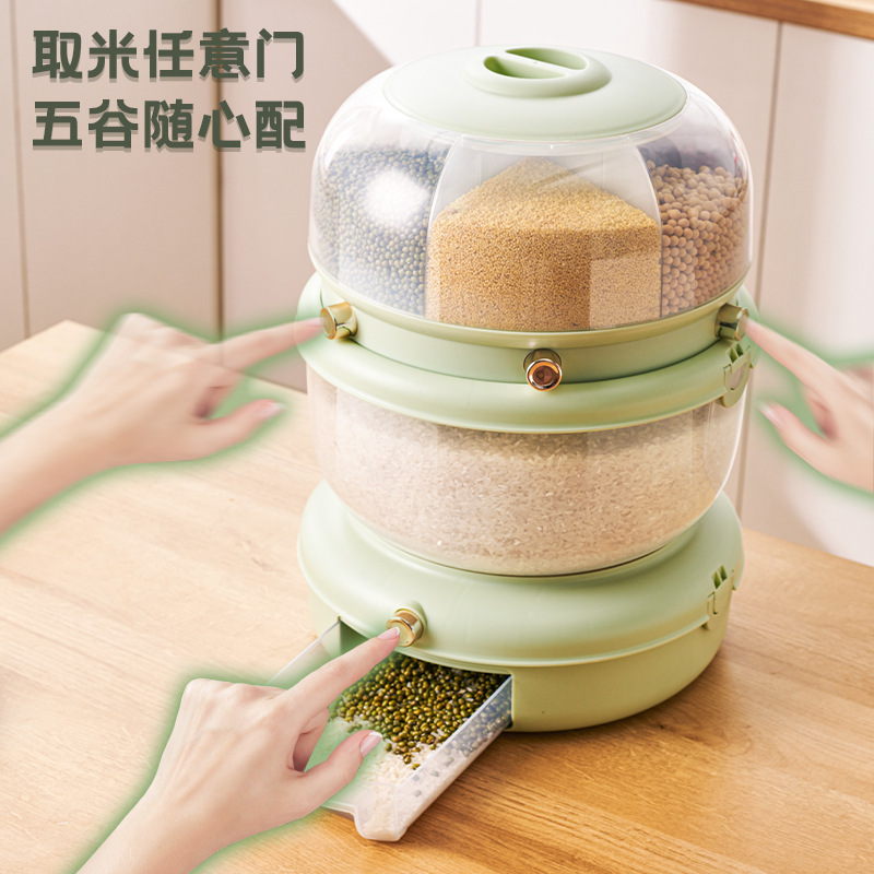 Household rotating rice bucket large-capacity grain classification storage box sealed insect-proof and moisture-proof double-layer rice storage box