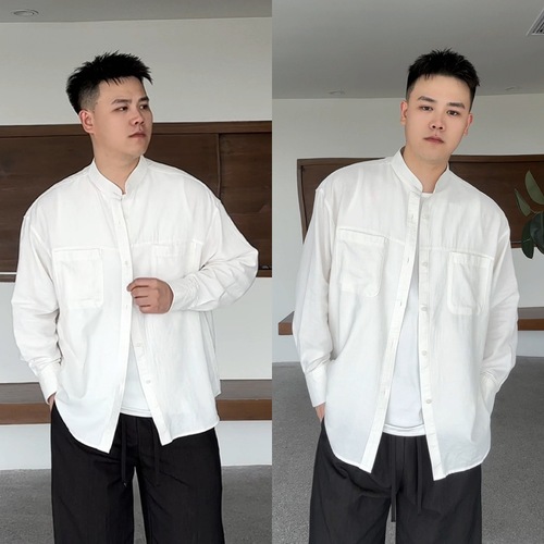 Small Stand Collar Shirt for Men, Loose Casual Solid Color Japanese Style High-End Long-Sleeve Shirt for Men, Outerwear Basic Shirt for Spring and Summer