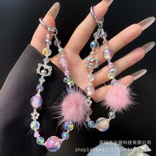 kt猫毛绒球手机链 ins蝴蝶结水晶链条串珠冬季链绳手机壳挂绳批发