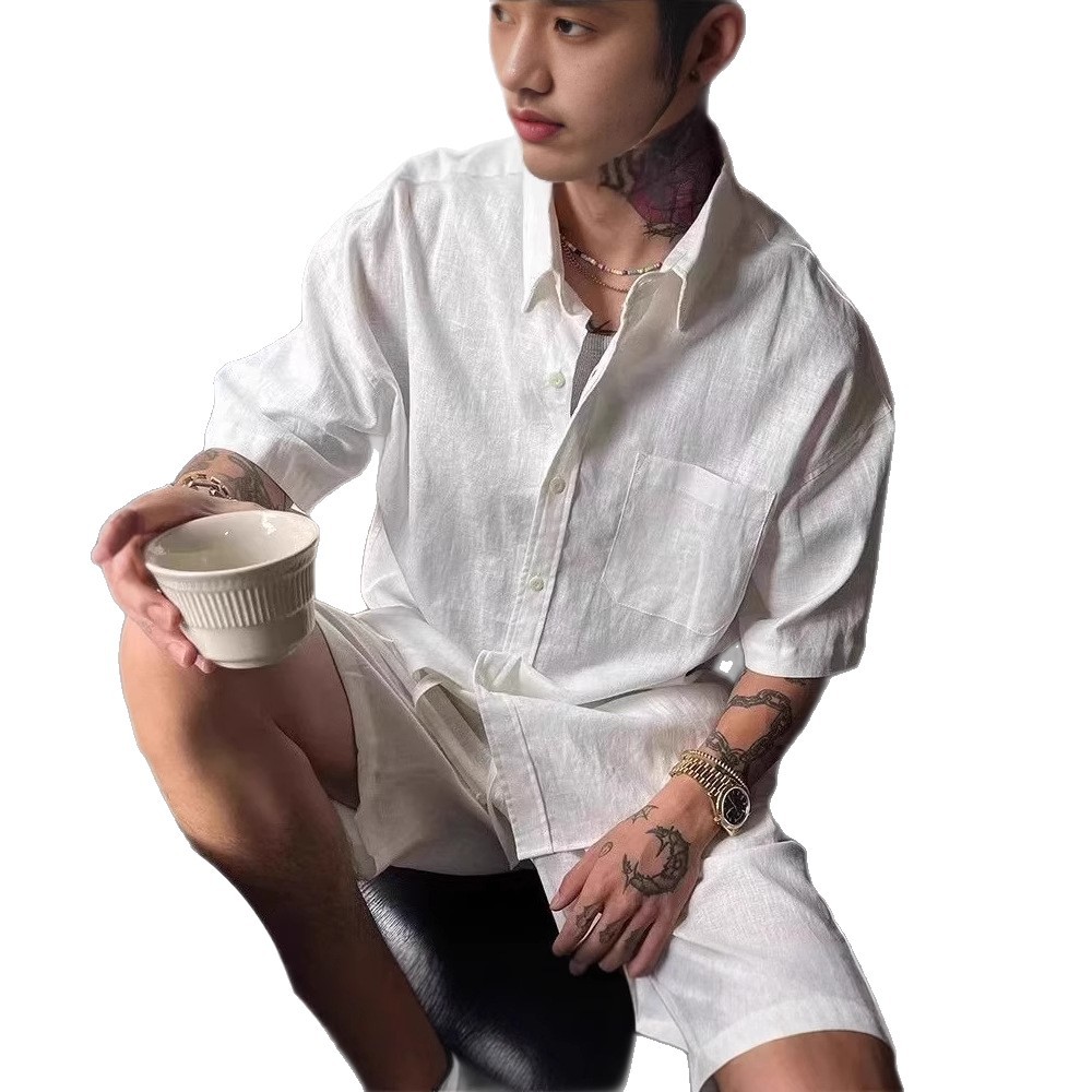 .Laoqianfeng Accessible Luxury Suit Men's Summer Mature and Stable Short-Sleeved Shirt Shorts Classy Linen Complete Set