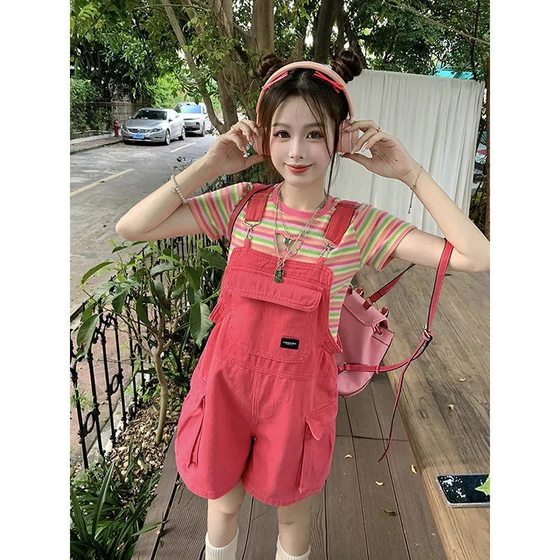 Summer dopamine wear rose red suspenders shorts Denim small wear American striped butterfly T-shirt