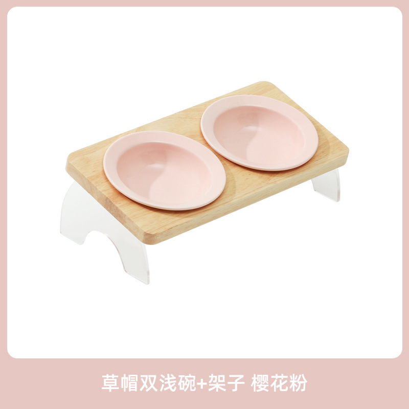 Tazón de cerámica para gatos Corea del Sur Tazón para mascotas antidetonantes gato perro tazón de comida soporte cervical tazón de agua doble tazón boca oblicua estante de madera maciza