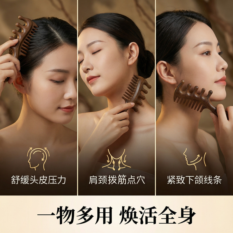 Sandalwood Meridian Massage Comb Wide Thick Teeth Double Sided Scalp Care 10-15cm overview