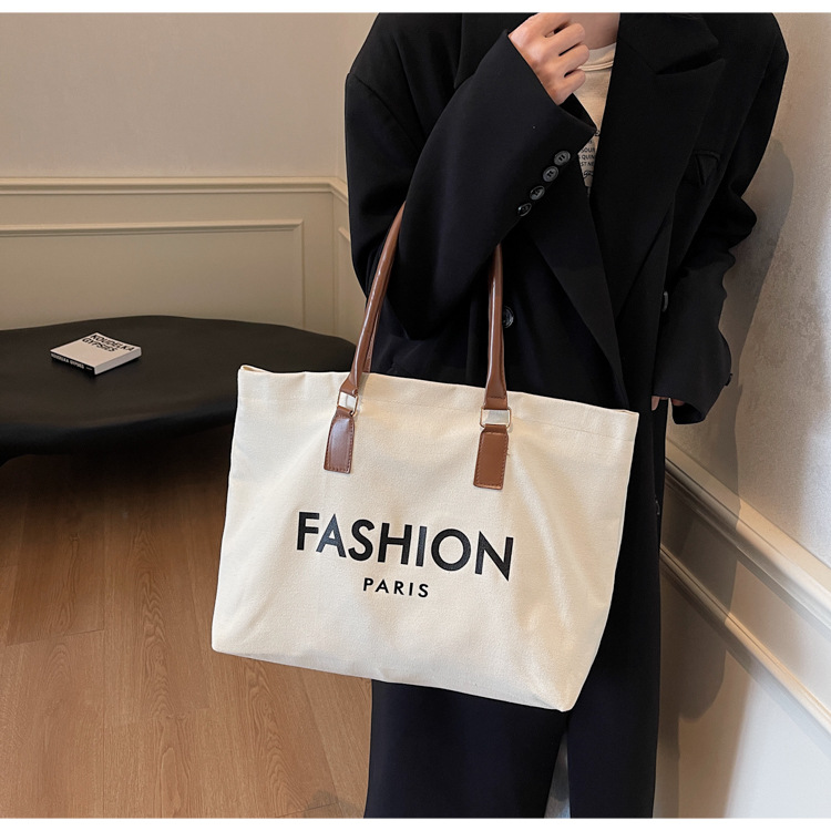 262g Weight Polyester Lining Material Open Closure Type Single Shoulder Strap Strap Type Tote Bag Bags Type Holiday, Daily Occasion Canvas Material Letter Pattern All Seasons Season Women's Gender Classic Style Style Square Shape Large Size Women's Large Canvas Letter Classic Style Square Open Tote Bag 21