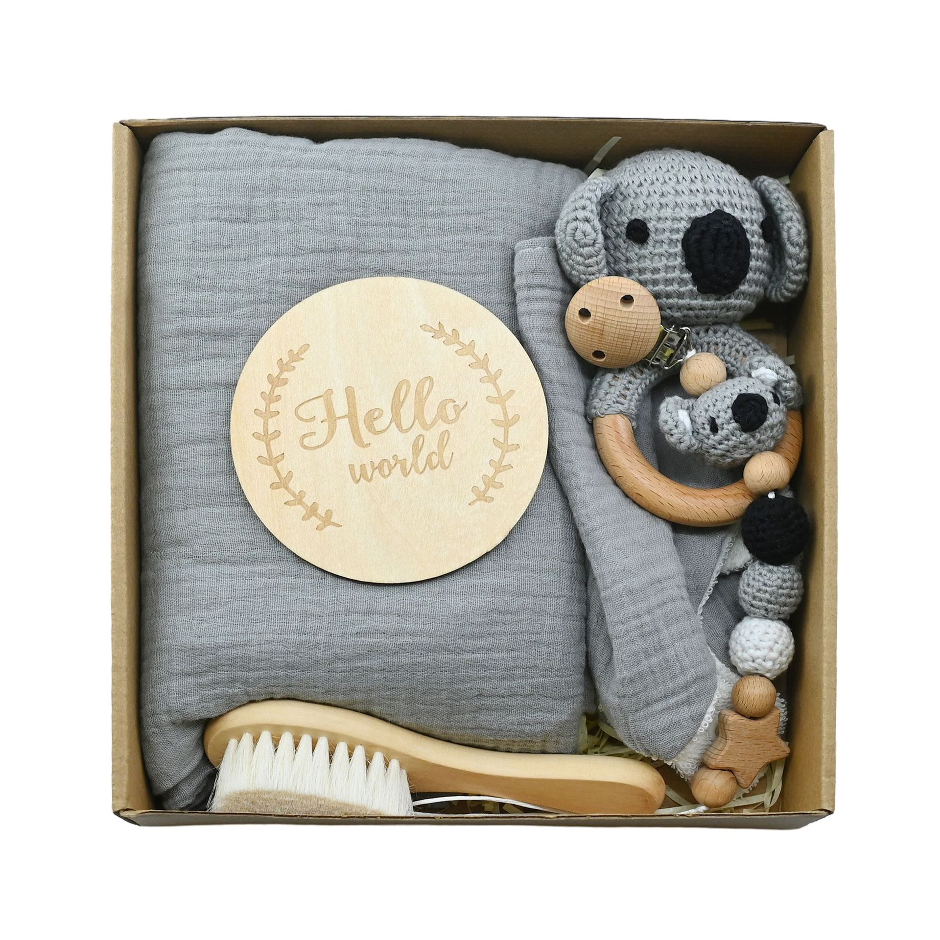 Nuevo bebé animal crochet campana de madera caja de regalo de nacimiento juego cadena de chupete bebé nacimiento luna llena regalo