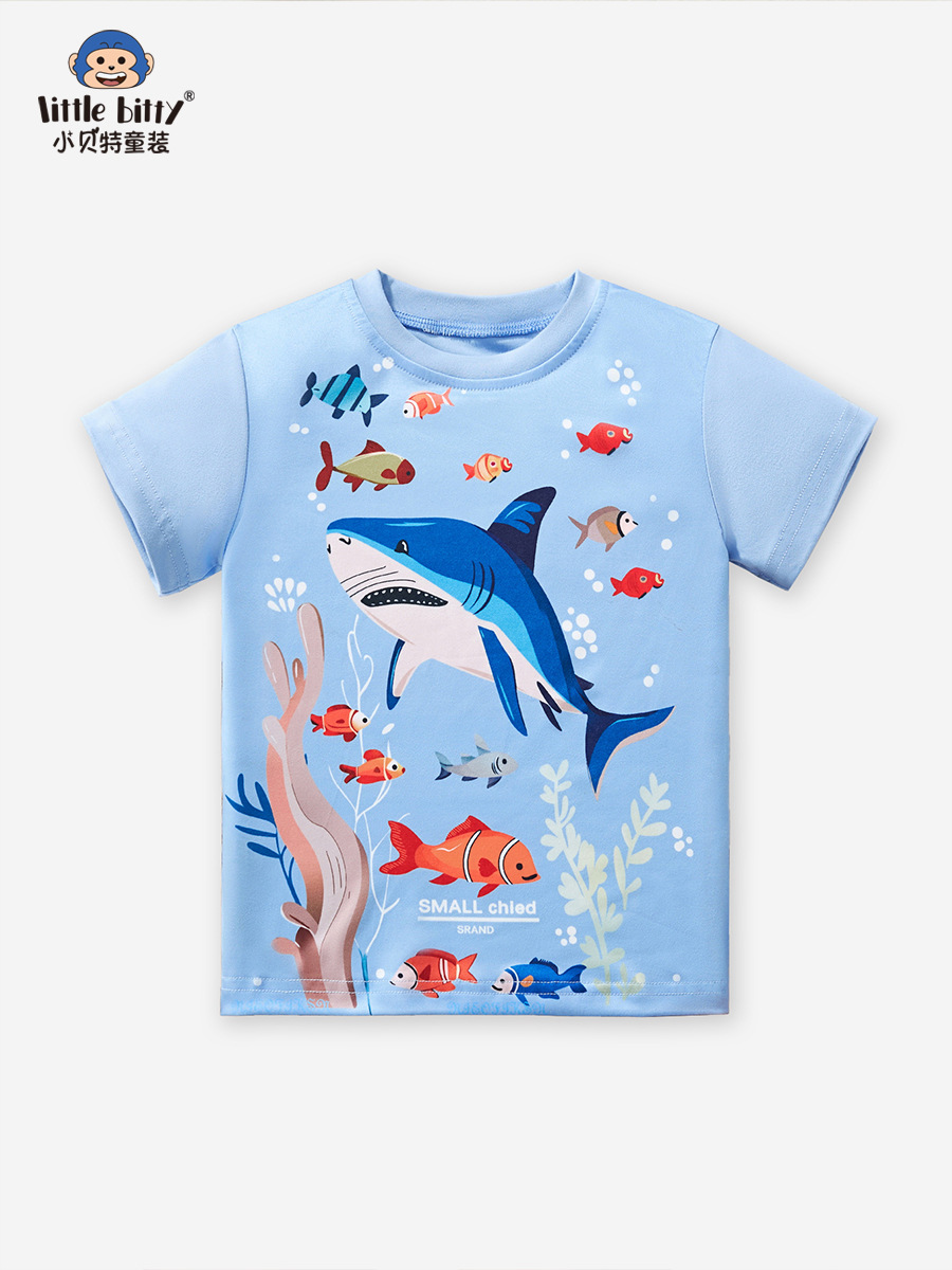 European and American Style 2026 Spring/Summer Children's Short-Sleeve T-Shirt with Cartoon Ocean Shark Print, Round Neck, for Young Children