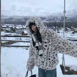 2025冬款豹纹连帽时尚保暖环保皮草毛绒山猫纹大衣人造毛夹克外套