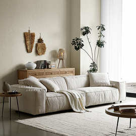 北欧侘寂风亚麻布艺沙发意式简约豆腐块组合三人位直排落地沙发