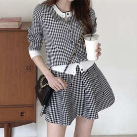韩国ins秋季法式圆领单排扣长袖格纹外套+高腰显瘦半身裙短裙套装