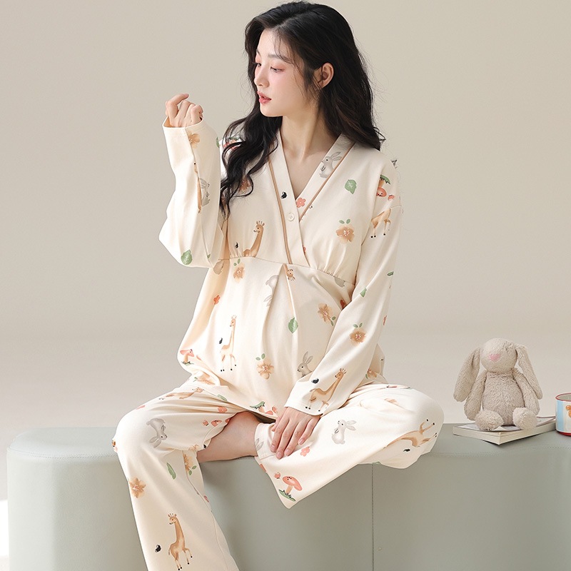 Wholesale In-Stock Cotton Maternity Pajamas with Chest Pads and Stretch Fabric, Spring and Autumn Maternity Nursing Wear Two-Piece Set