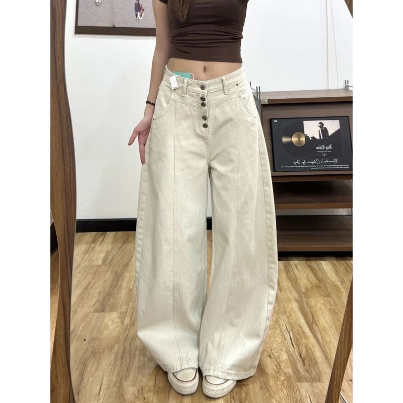American-style gray-white high street wide-leg jeans for women, autumn drapey commuter fashion slimming straight-leg floor-length pants