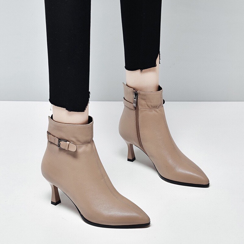 Cowhide High-Heeled Shoes with a Stylish Design, 2025 New Spring and Autumn Short Boots, Pointed Toe, Stiletto Heel, Genuine Leather, Winter Fleece-Lined Cotton Boots