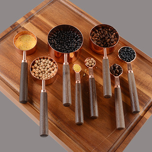 Stainless Steel Rose Gold 8-Piece Measuring Cup Measuring Spoon Walnut Handle Spoon with Scale Baking Measuring Tool Measuring Spoon