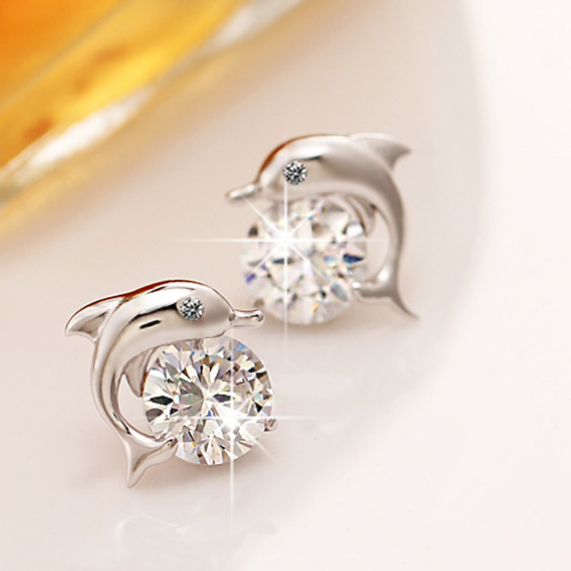 仿纯银女款耳钉韩国小饰品外贸锆石海豚耳饰速卖通厂家批发
