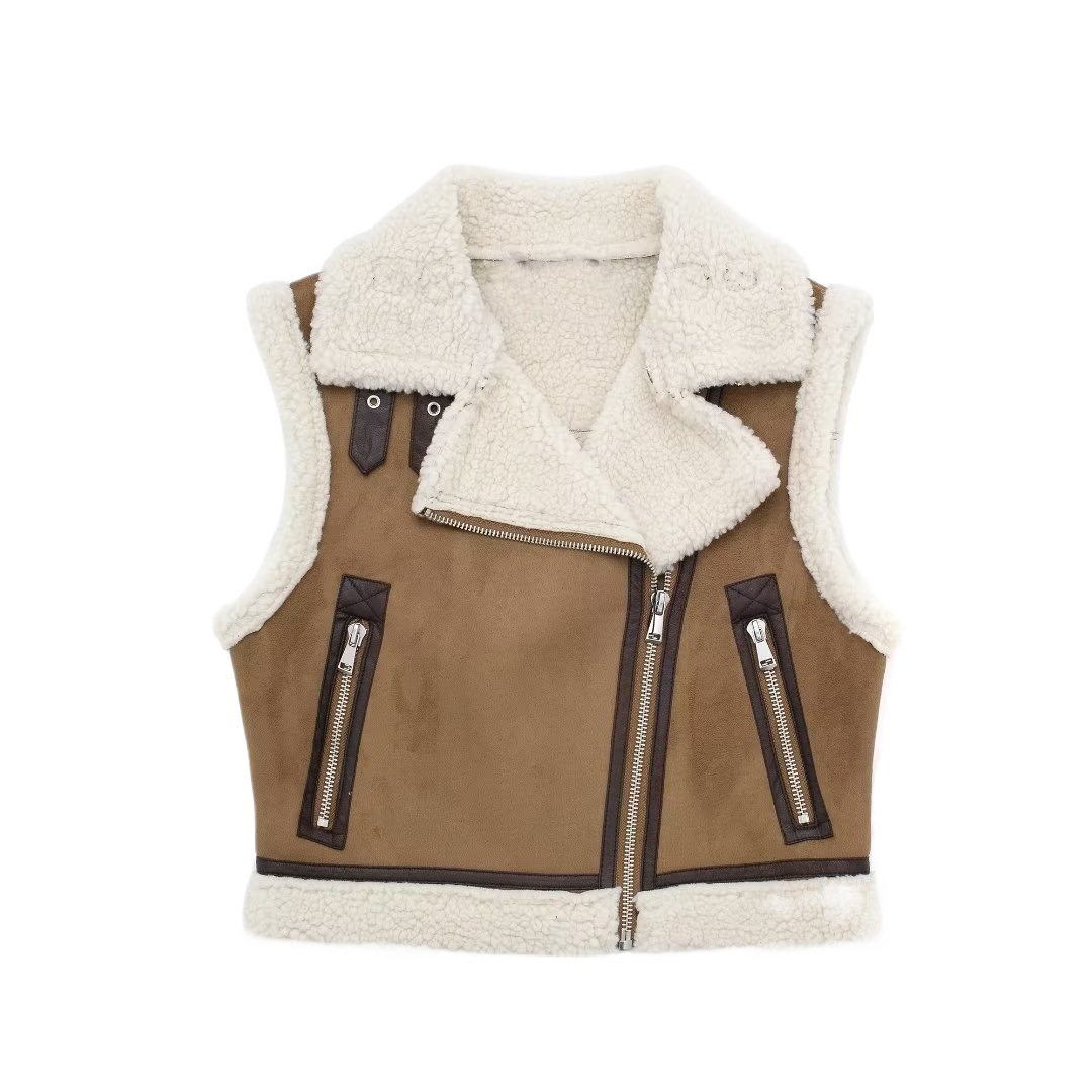 Women's Clothing Autumn and Winter New Arrivals Lapel Oblique Zipper Fur Coat Lambswool Vest Top Women's Clothing_voghion.com