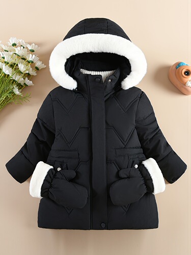 Women's children's snow clothes, small children's monochrome warm outerwear, stylish medium-length coat, cotton warm clothing for autumn and winter, lined inner jacket.