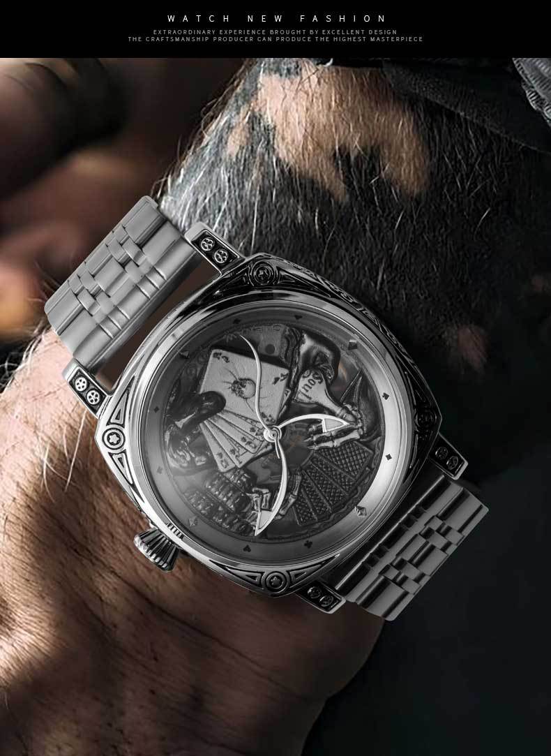 Đồng hồ cơ nam automatic lộ máy tourbillon hai mặt khắc nổi phát quang dây da bò — Vàng vừa mang, Dải thép đen bạc, Vỏ bọc vàng, Da đen bạc chi tiết 9