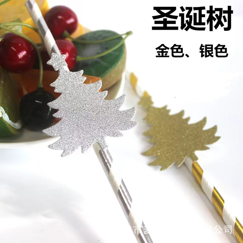 Árbol de Navidad tarjeta fiesta decoración paja postre pastel decoración bar bebida Decoración papel paja degradable