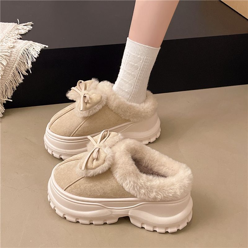 Cute Bow Cotton Slippers for Women's Outer Wear 2025 Winter New Thick-Soled Heightening Versatile Warm Fleece-Lined Snow Boots
