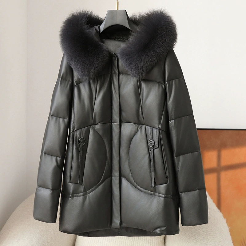 Женская куртка Haining из натуральной кожи средней длины, осень-зима 2021, новая верхняя одежда из утолщенного мамного меха на гусином пуху для женщин