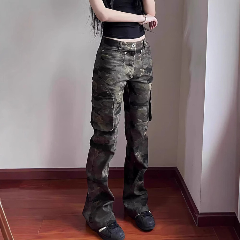 American Retro Three-Dimensional Line Flared Camouflage Cargo Pants Niche Women's Summer High Street Multi-Pocket Couple Jeans