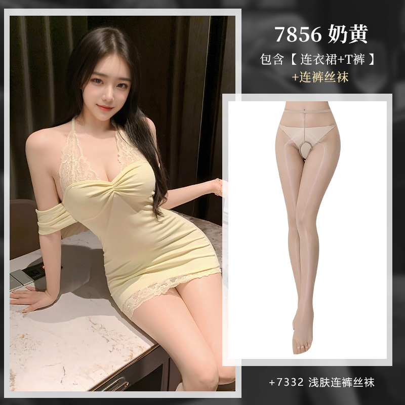 ◆사랑스러운 아내◆크리미옐로우 [드레스+T바지] + 밝은 피부의 가랑이 없는 팬티스타킹