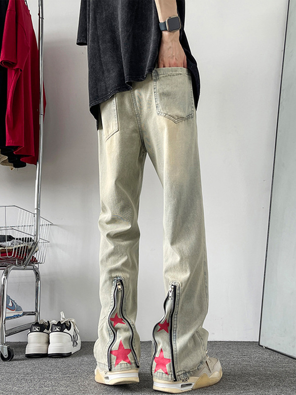 American-style Zipper Yellow Mud Jeans Men's High Street Vibe Design Micro-pants Loose Slimming All-match Straight Pants
