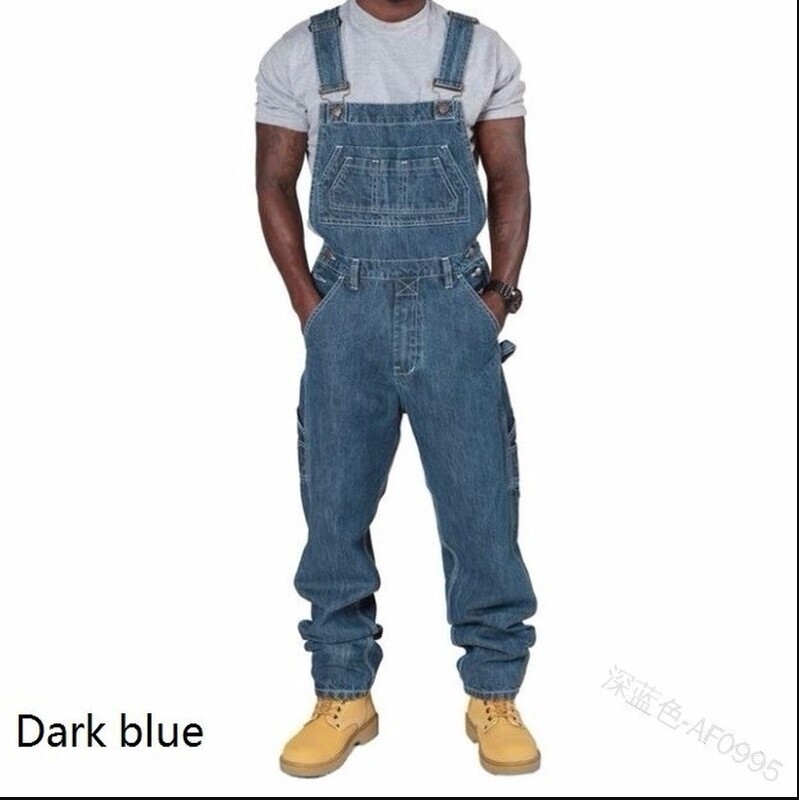 Q003 Spring and Autumn New Trendy Men's Denim Overalls Fashionable Multi-Pocket Loose Solid Color Casual Jeans