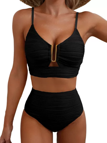 2025 European and American Cross-border New Bikini V-neck Hollow-out Swimsuit High Waist Textured Pleated Swimsuit Women's Bikini