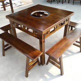 商用实木火锅桌子无烟大理石电磁炉一体火锅店桌椅组合专用火锅桌