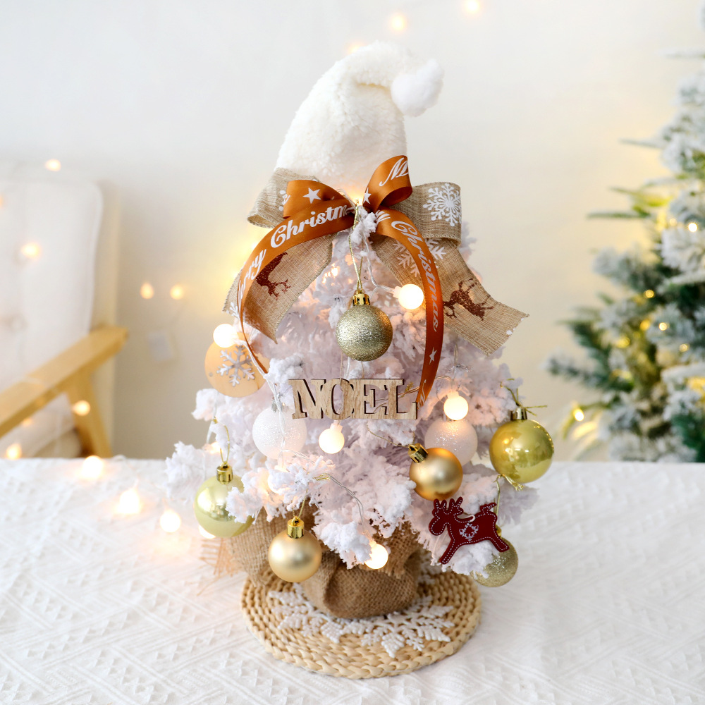 Mini Árbol de Navidad de Terciopelo Nuevo, Transfronterizo, Blanco, Decoración Navideña, Árbol con Luces LED Blancas, Adornos Navideños