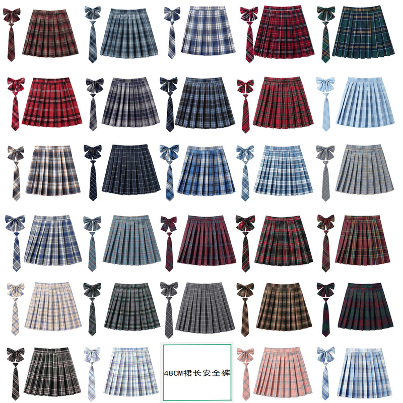(Safety Pants 48cm Skirt + Bow Tie + Tie) Anti-Exposure Jk Uniform Plaid Student Pleated Half-High Waist Women's Skirt