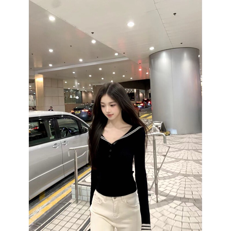 New winter style slim-fit navy collar long-sleeve knitted base shirt for women, white, one size New winter style slim-fit navy collar long-sleeve knitted base shirt for women, white, one size