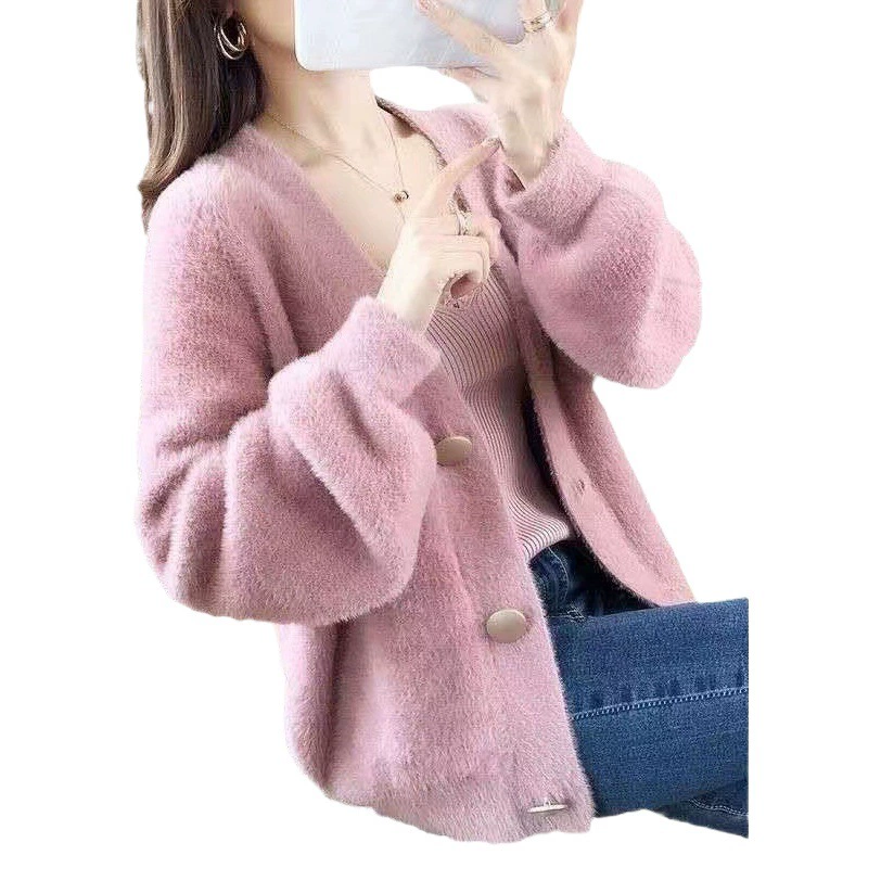 Новый женский укороченный свободный кардиган-свитер из вязаного вельвета под норку в корейском стиле, весна-осень 2025